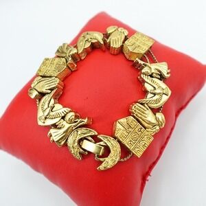VTG Gold‎ Tone Religious Bracelet Praying Hands Angel Dove Panel Ornate 7"